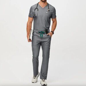Figs Mens Graphite Grey Leon V-neck Top + Cairo Straight Leg Pants Scrubs Set